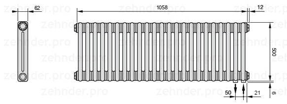Схема (чертеж) Радиатор Zehnder Charleston 2050/23 №5510 Белый глянцевый RAL 9016